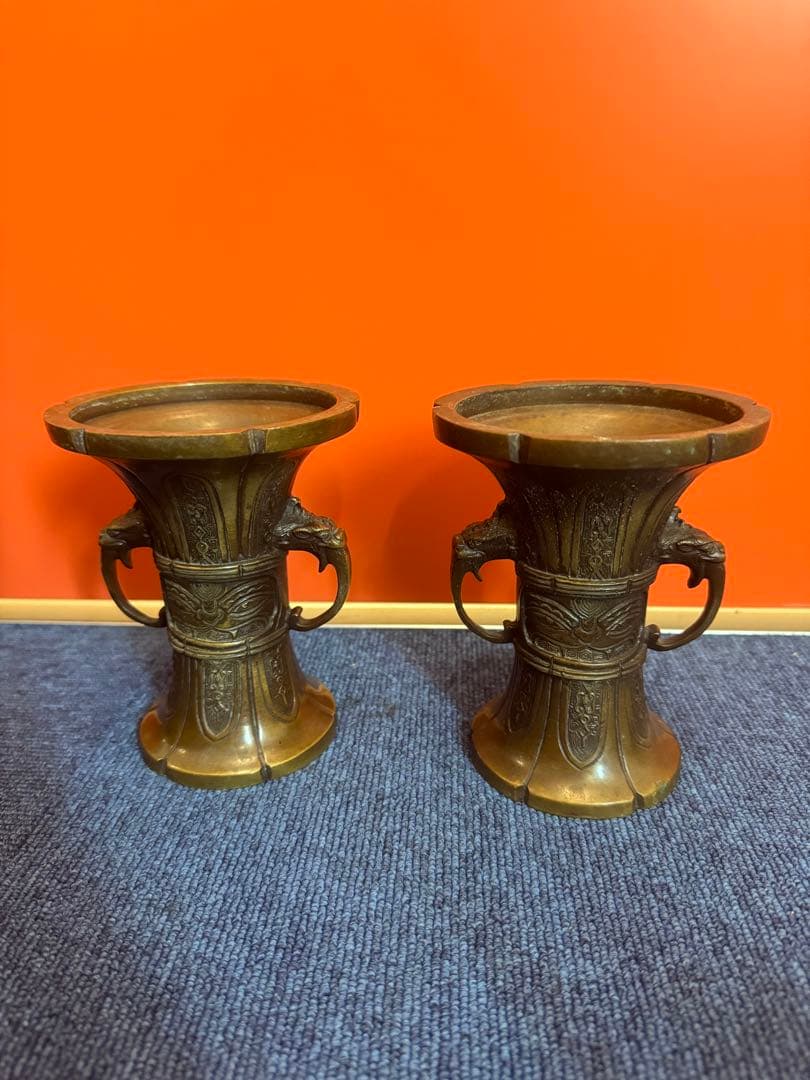 1904 春甫造 古銅 仏具 木瓜菖蒲型五具足 火立2客 花立2客 香炉1客