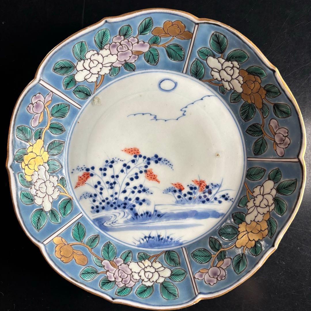 アンティークプレート　古伊万里　色絵付け　時代物 青と白の花柄皿5枚セット