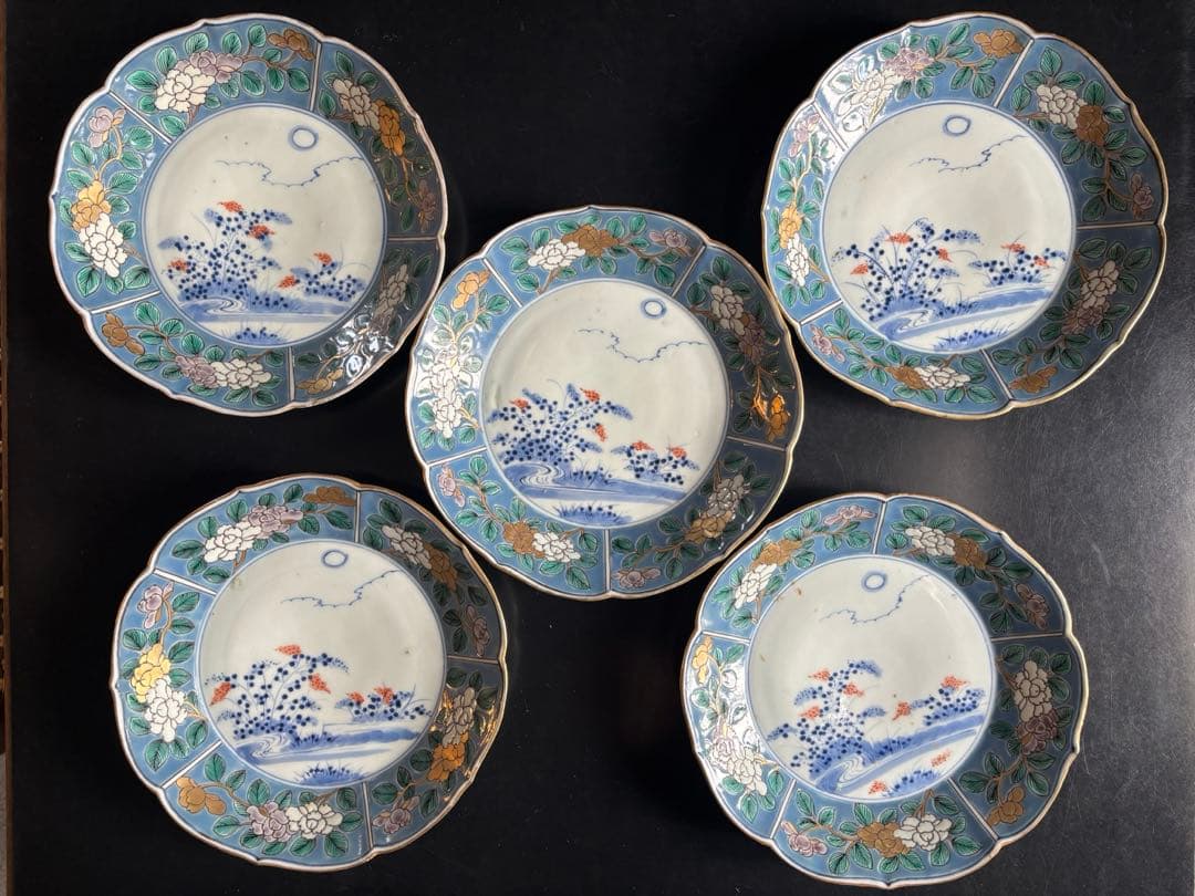 アンティークプレート　古伊万里　色絵付け　時代物 青と白の花柄皿5枚セット