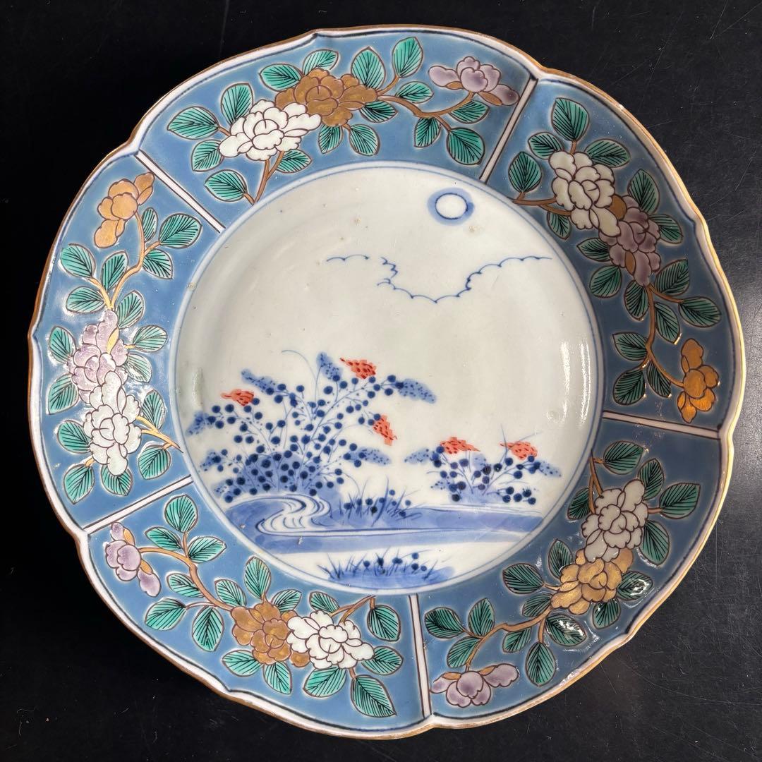 アンティークプレート　古伊万里　色絵付け　時代物 青と白の花柄皿5枚セット