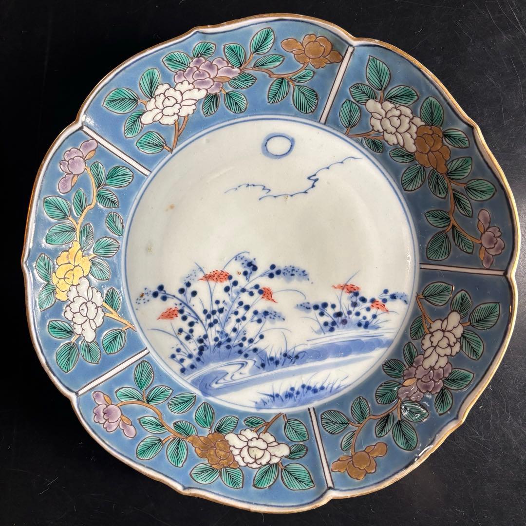 アンティークプレート　古伊万里　色絵付け　時代物 青と白の花柄皿5枚セット