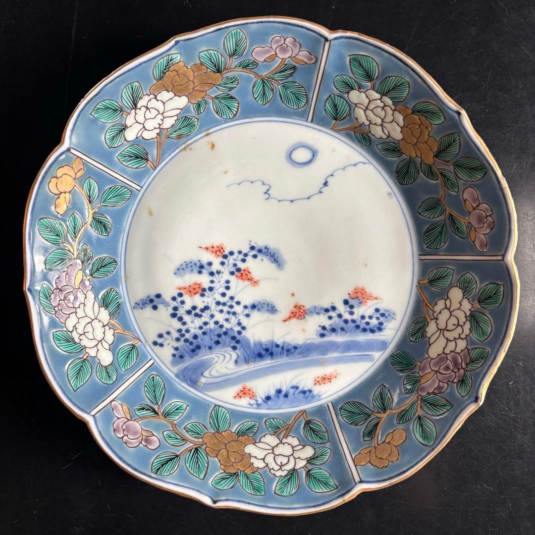 アンティークプレート　古伊万里　色絵付け　時代物 青と白の花柄皿5枚セット