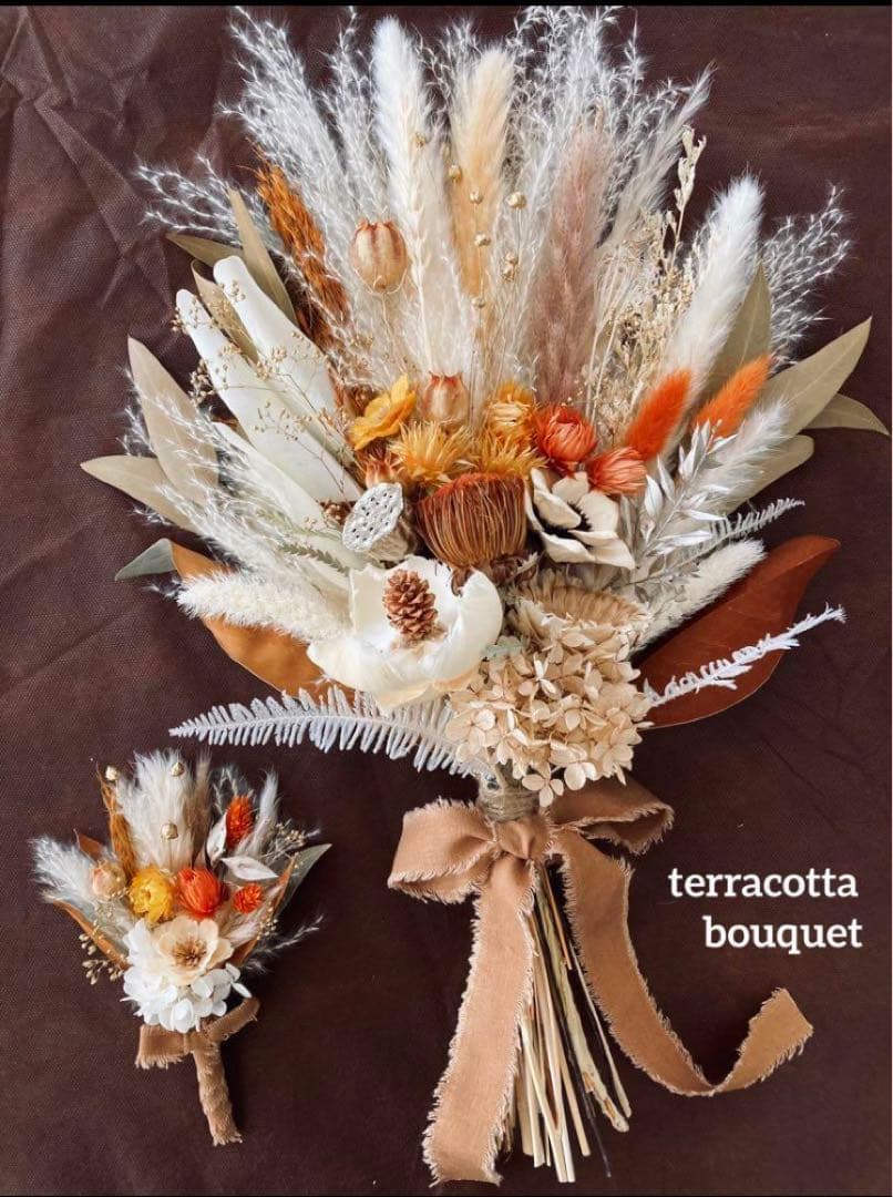 テラコッタ ウェディングブーケ ブートニアセット ドライフラワー ブーケ 前撮り