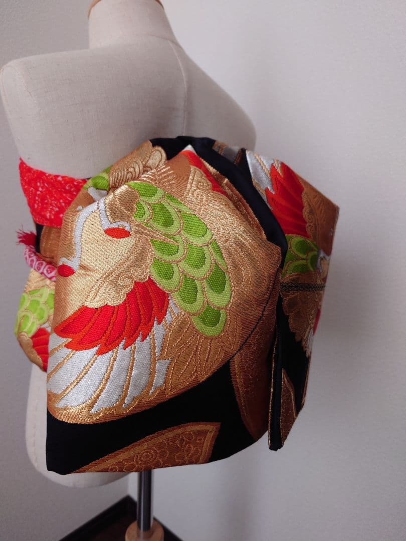 七五三　ハーフ成人式　ジュニア帯　大人用正絹袋帯からの作り帯　鶴柄　1点物　黒