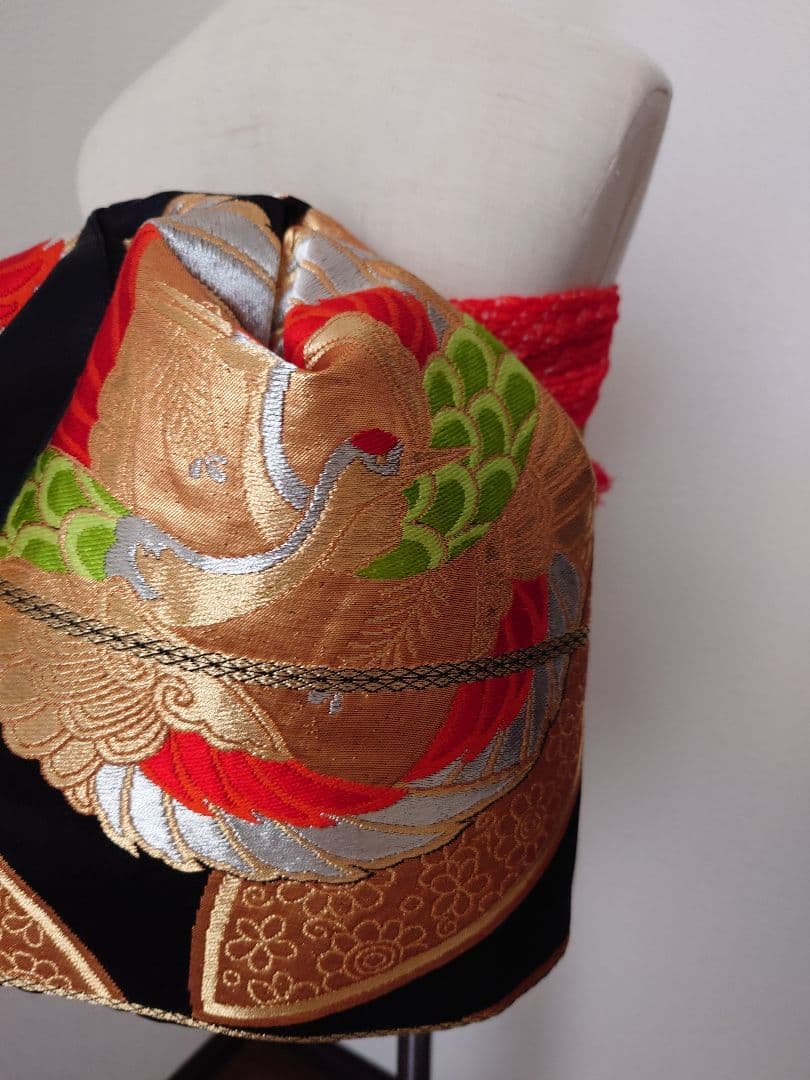 七五三　ハーフ成人式　ジュニア帯　大人用正絹袋帯からの作り帯　鶴柄　1点物　黒