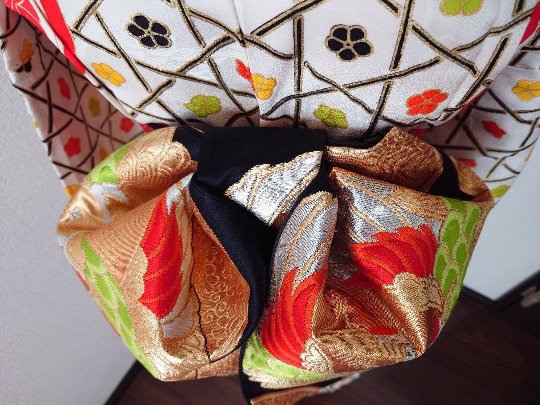 七五三　ハーフ成人式　ジュニア帯　大人用正絹袋帯からの作り帯　鶴柄　1点物　黒