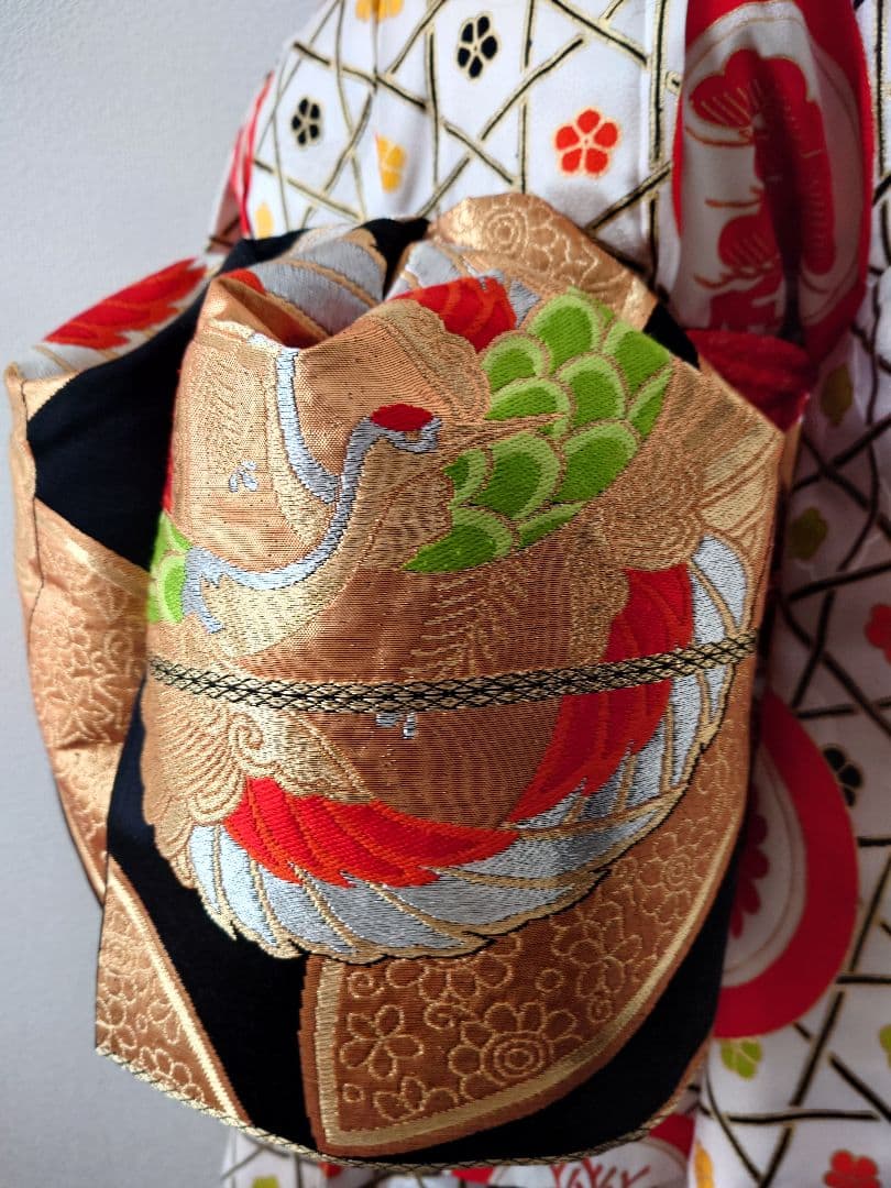 七五三　ハーフ成人式　ジュニア帯　大人用正絹袋帯からの作り帯　鶴柄　1点物　黒