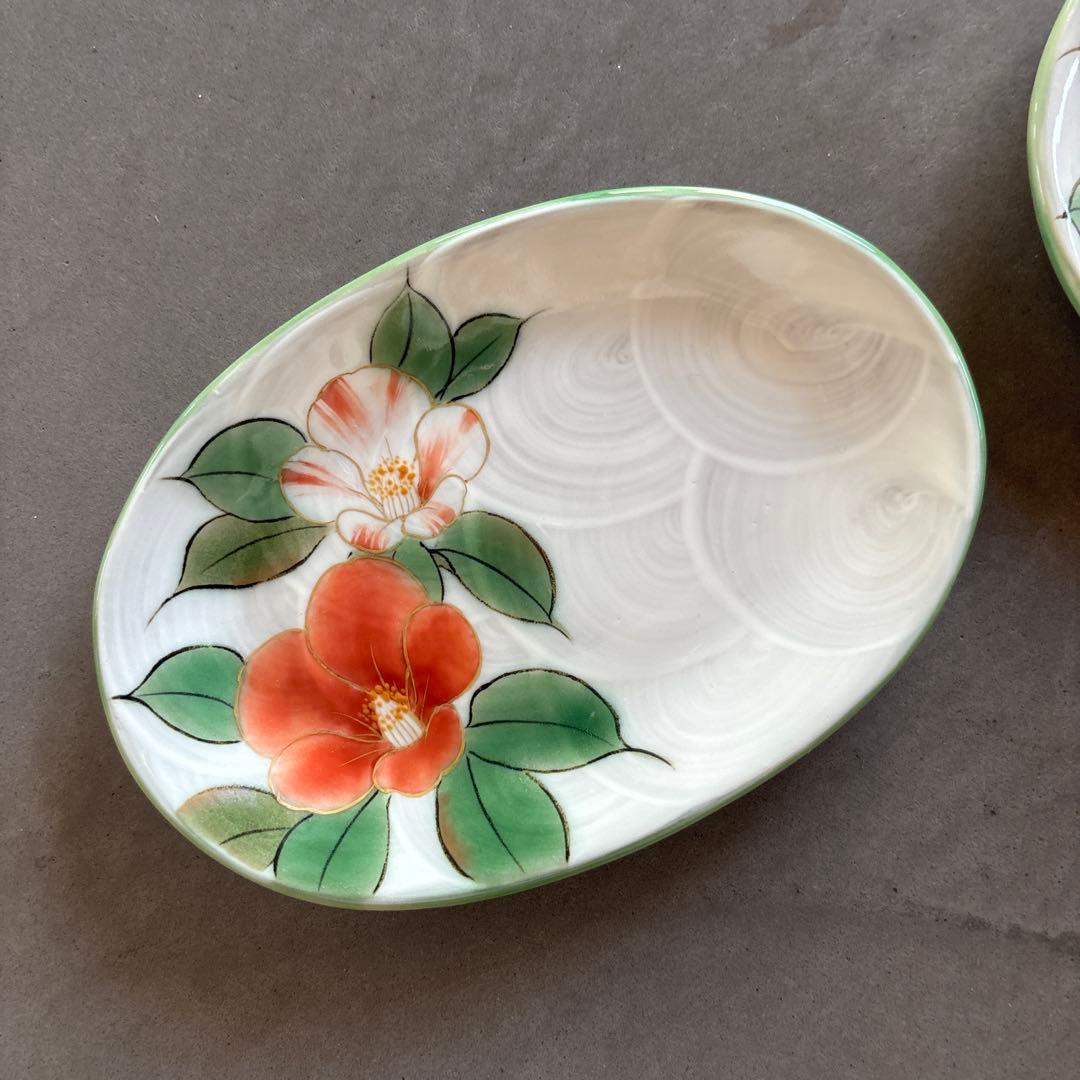 《ほぼ新品》美品　陶あん　京焼　清水焼　白掛彩草花銘々皿　椿　色絵付け　陶葊　皿