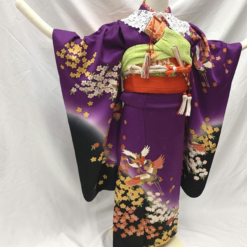 409ag38□七五三 七歳 女児 着物&袋帯 地紋 金駒刺繍 鶴 花□美品