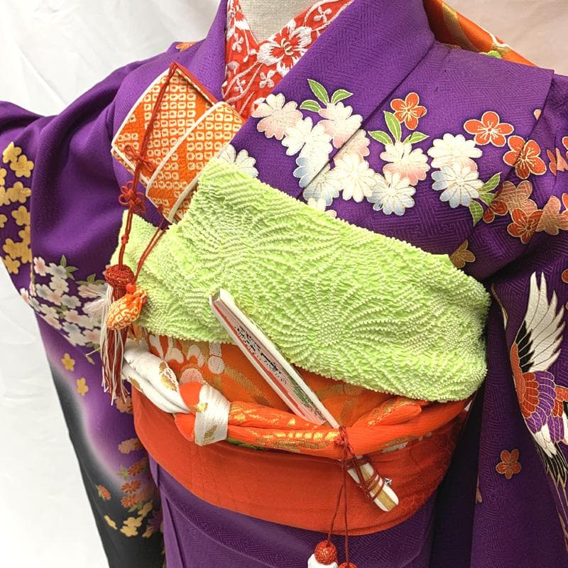 409ag38□七五三 七歳 女児 着物&袋帯 地紋 金駒刺繍 鶴 花□美品