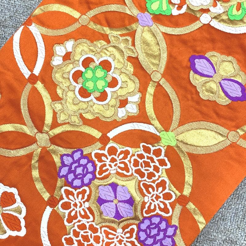 409ag38□七五三 七歳 女児 着物&袋帯 地紋 金駒刺繍 鶴 花□美品