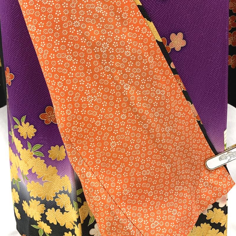 409ag38□七五三 七歳 女児 着物&袋帯 地紋 金駒刺繍 鶴 花□美品