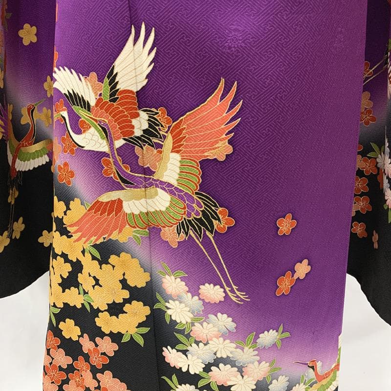 409ag38□七五三 七歳 女児 着物&袋帯 地紋 金駒刺繍 鶴 花□美品