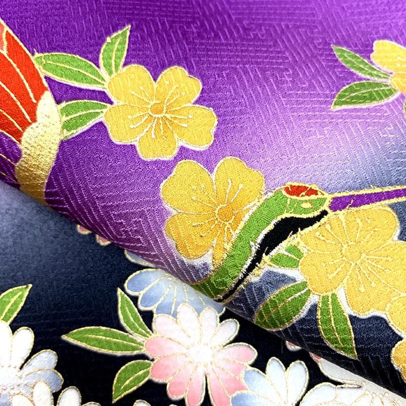 409ag38□七五三 七歳 女児 着物&袋帯 地紋 金駒刺繍 鶴 花□美品