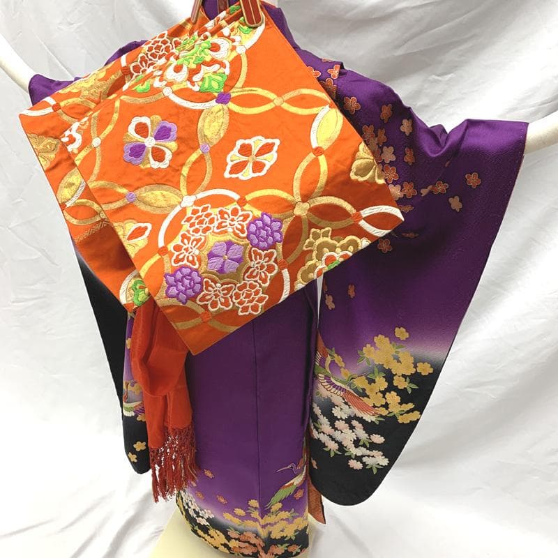 409ag38□七五三 七歳 女児 着物&袋帯 地紋 金駒刺繍 鶴 花□美品