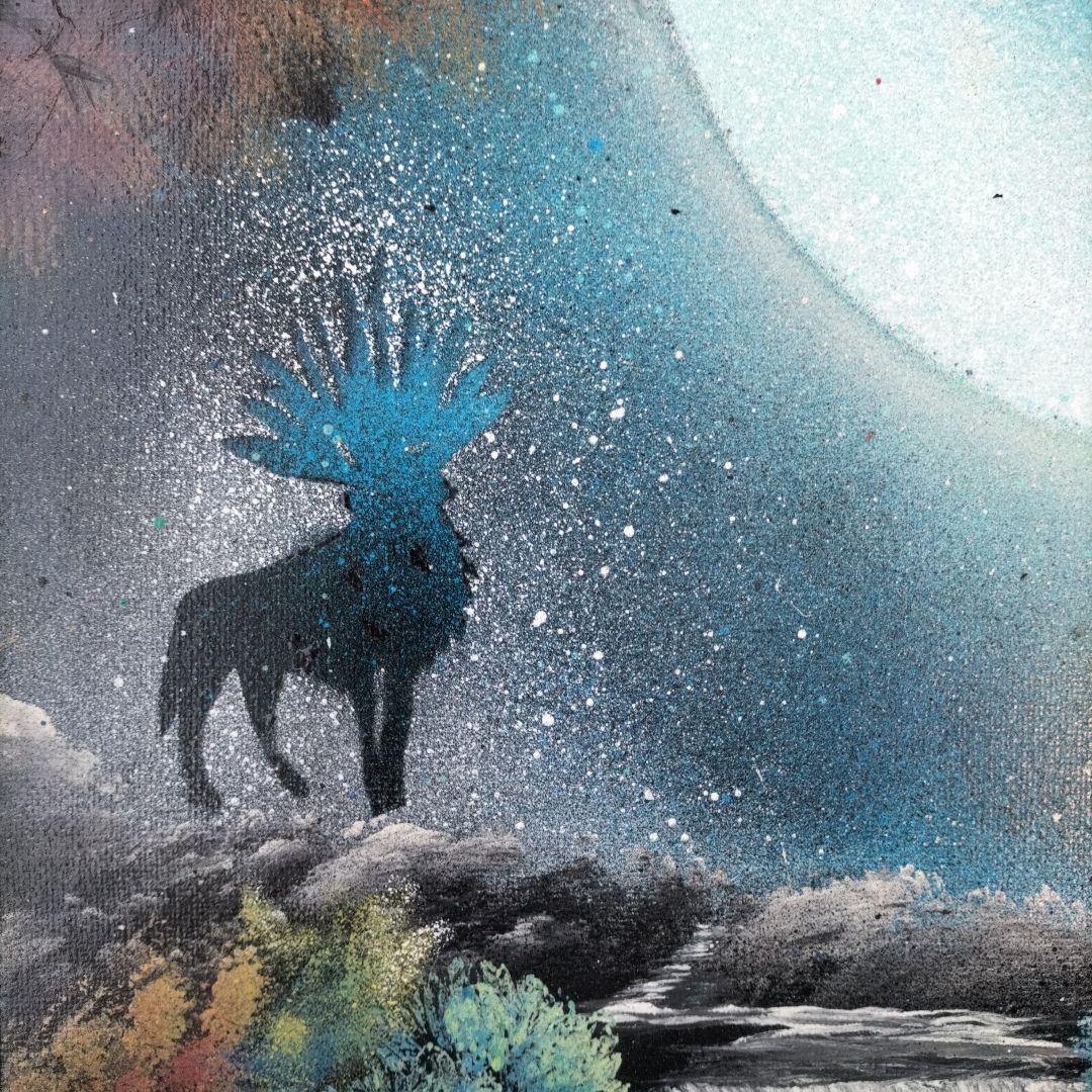 静寂の惑星と守護の鹿｜スプレーアート原画｜F4キャンバス インテリア