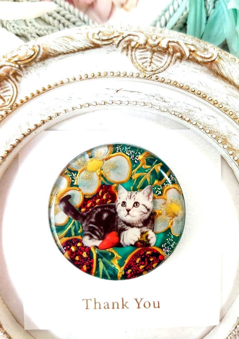 レジン 手書き 猫 ヘアゴム ブローチ ポニーフック No.381