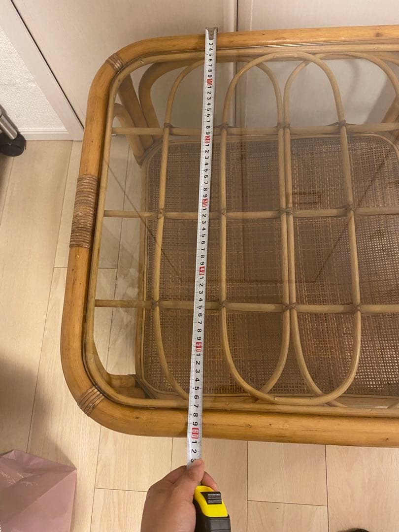 【訳アリ】籐　ラタン製　ガラステーブル 昭和レトロ　アンティーク　北欧　軽量