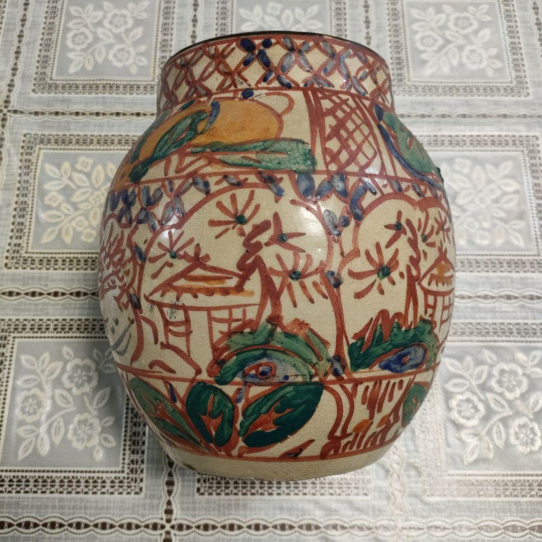 \"小橋川仁王\" 壺屋焼　琉球赤絵壺　花瓶　在銘