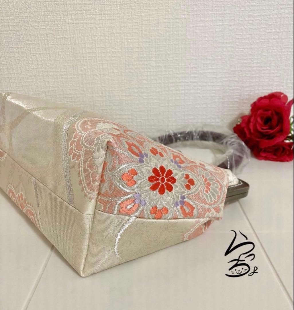 帯リメイク 華文 持ち手付きがま口バッグ