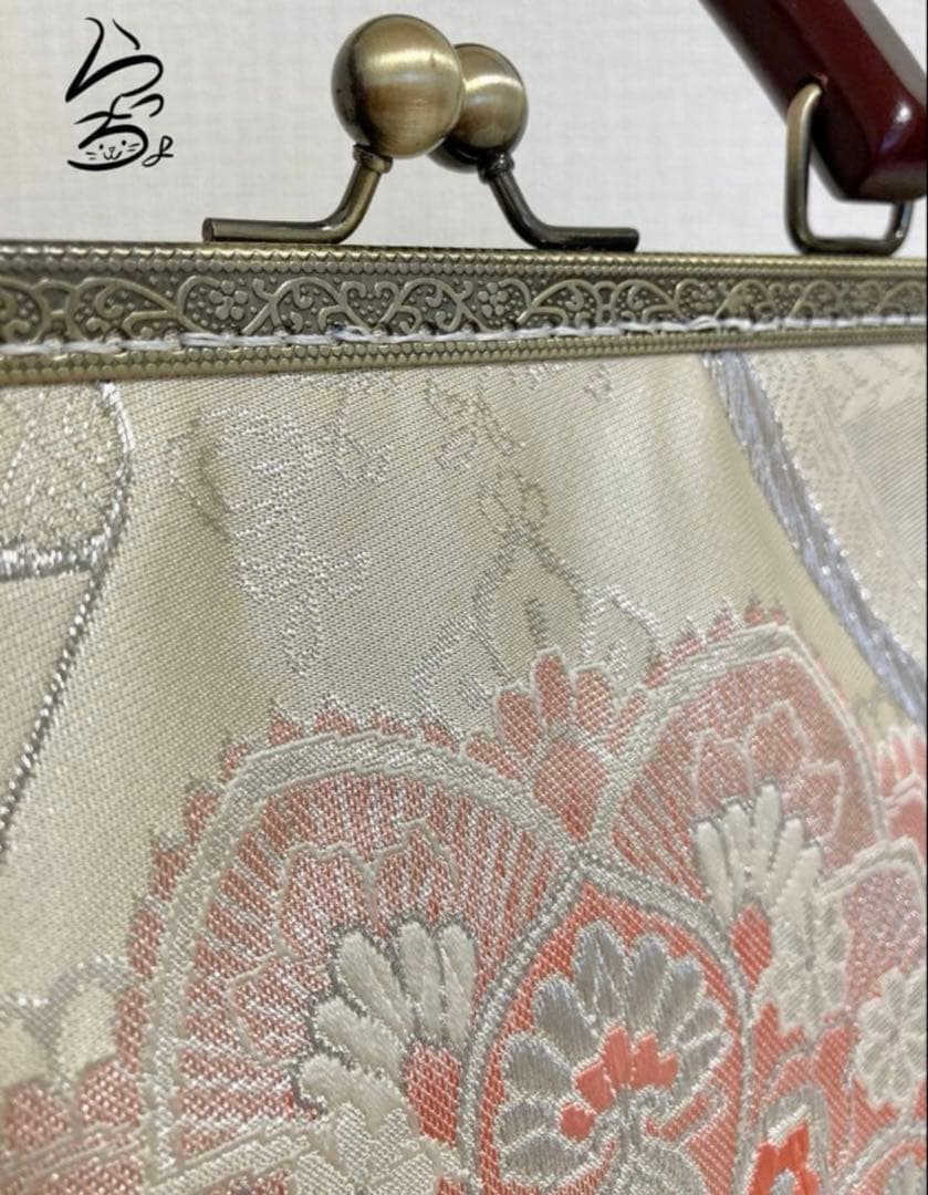 帯リメイク 華文 持ち手付きがま口バッグ