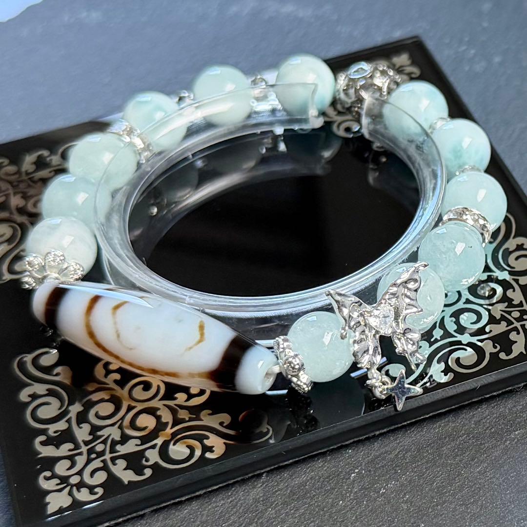 如意金剛二眼天珠&ラリマー&アクアマリン　ブレスレット　内径約16cm