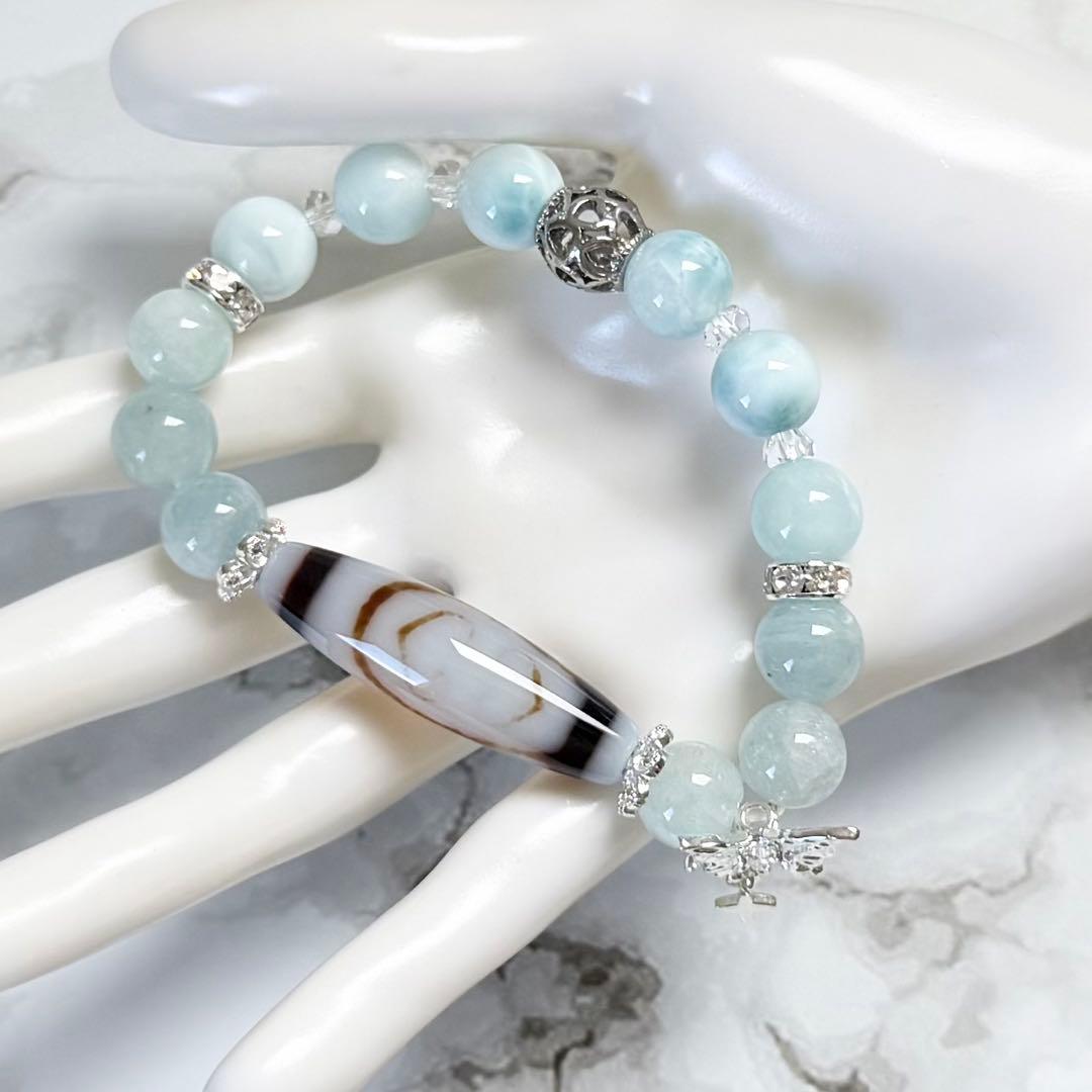 如意金剛二眼天珠&ラリマー&アクアマリン　ブレスレット　内径約16cm