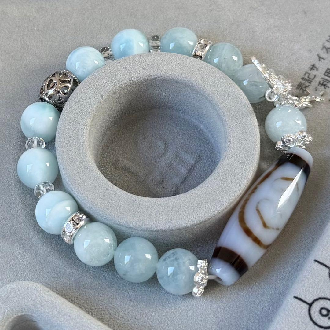 如意金剛二眼天珠&ラリマー&アクアマリン　ブレスレット　内径約16cm