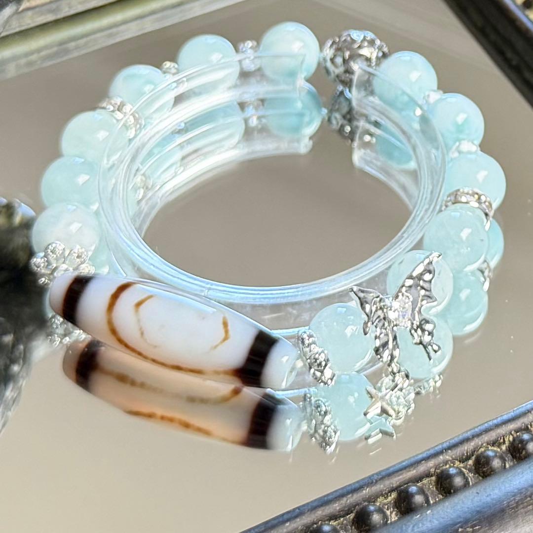 如意金剛二眼天珠&ラリマー&アクアマリン　ブレスレット　内径約16cm