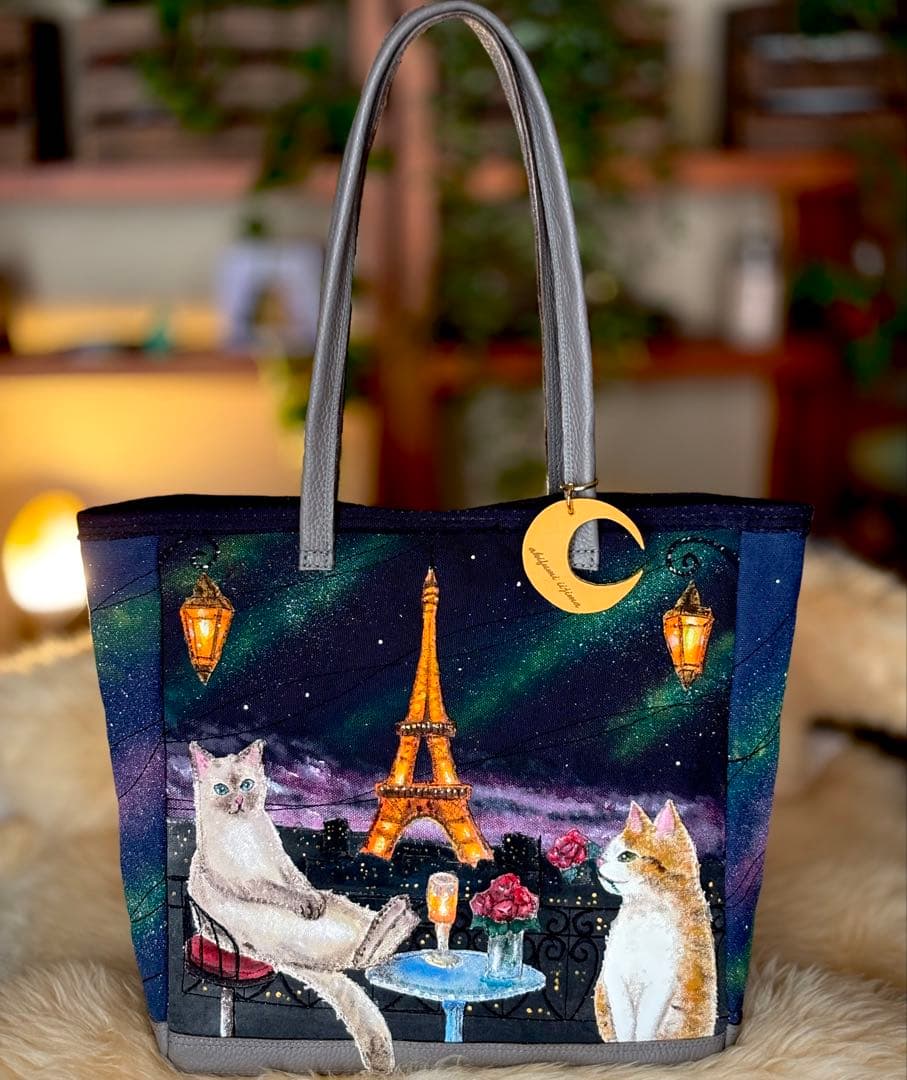 (手づくり)\"メランコリーライト\"ネコとパリと夜景のトートバッグ　アップリケねこ