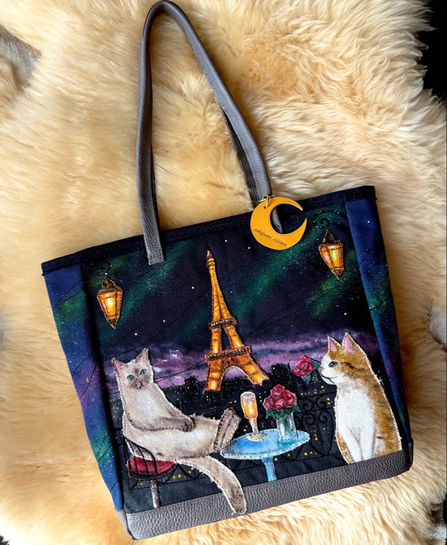 (手づくり)\"メランコリーライト\"ネコとパリと夜景のトートバッグ　アップリケねこ