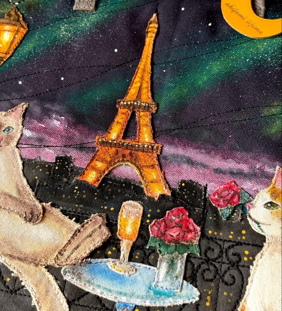 (手づくり)\"メランコリーライト\"ネコとパリと夜景のトートバッグ　アップリケねこ