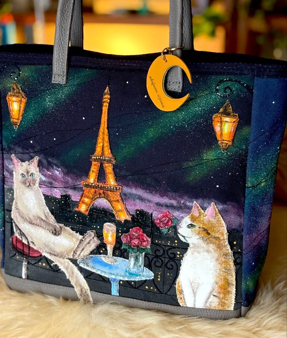(手づくり)\"メランコリーライト\"ネコとパリと夜景のトートバッグ　アップリケねこ