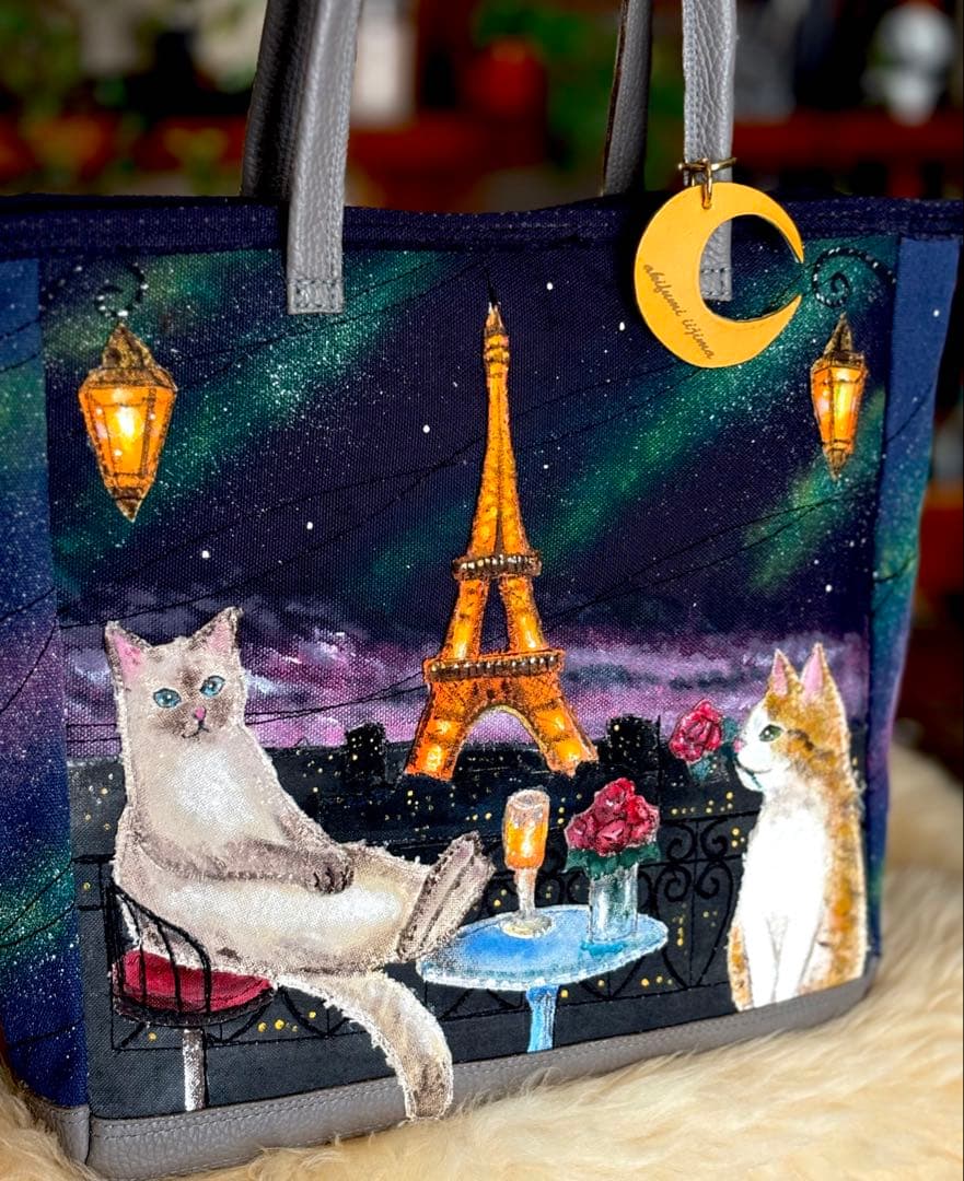 (手づくり)\"メランコリーライト\"ネコとパリと夜景のトートバッグ　アップリケねこ