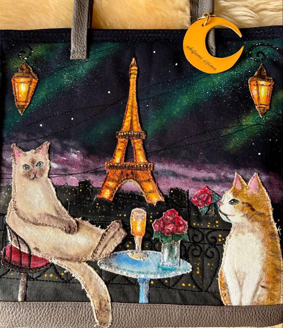 (手づくり)\"メランコリーライト\"ネコとパリと夜景のトートバッグ　アップリケねこ
