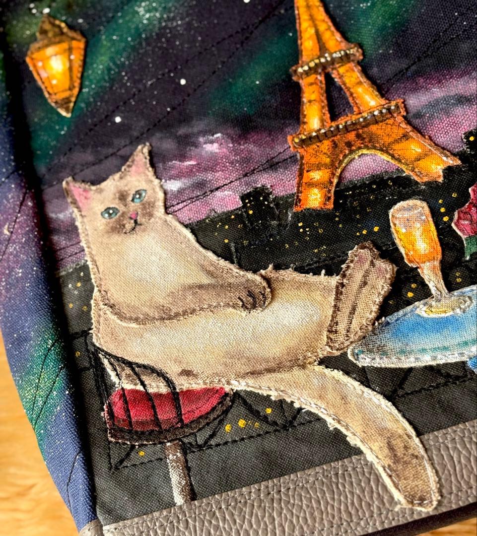 (手づくり)\"メランコリーライト\"ネコとパリと夜景のトートバッグ　アップリケねこ