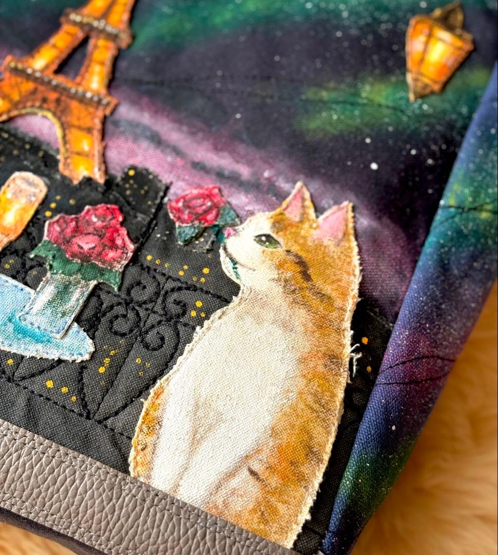 (手づくり)\"メランコリーライト\"ネコとパリと夜景のトートバッグ　アップリケねこ