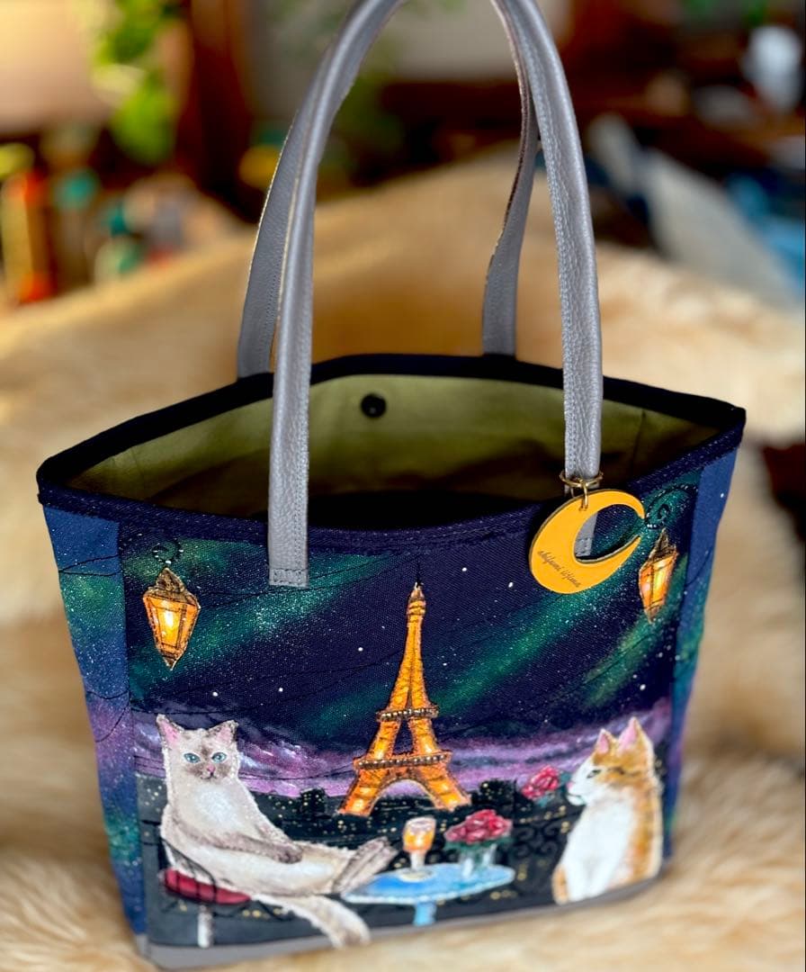 (手づくり)\"メランコリーライト\"ネコとパリと夜景のトートバッグ　アップリケねこ