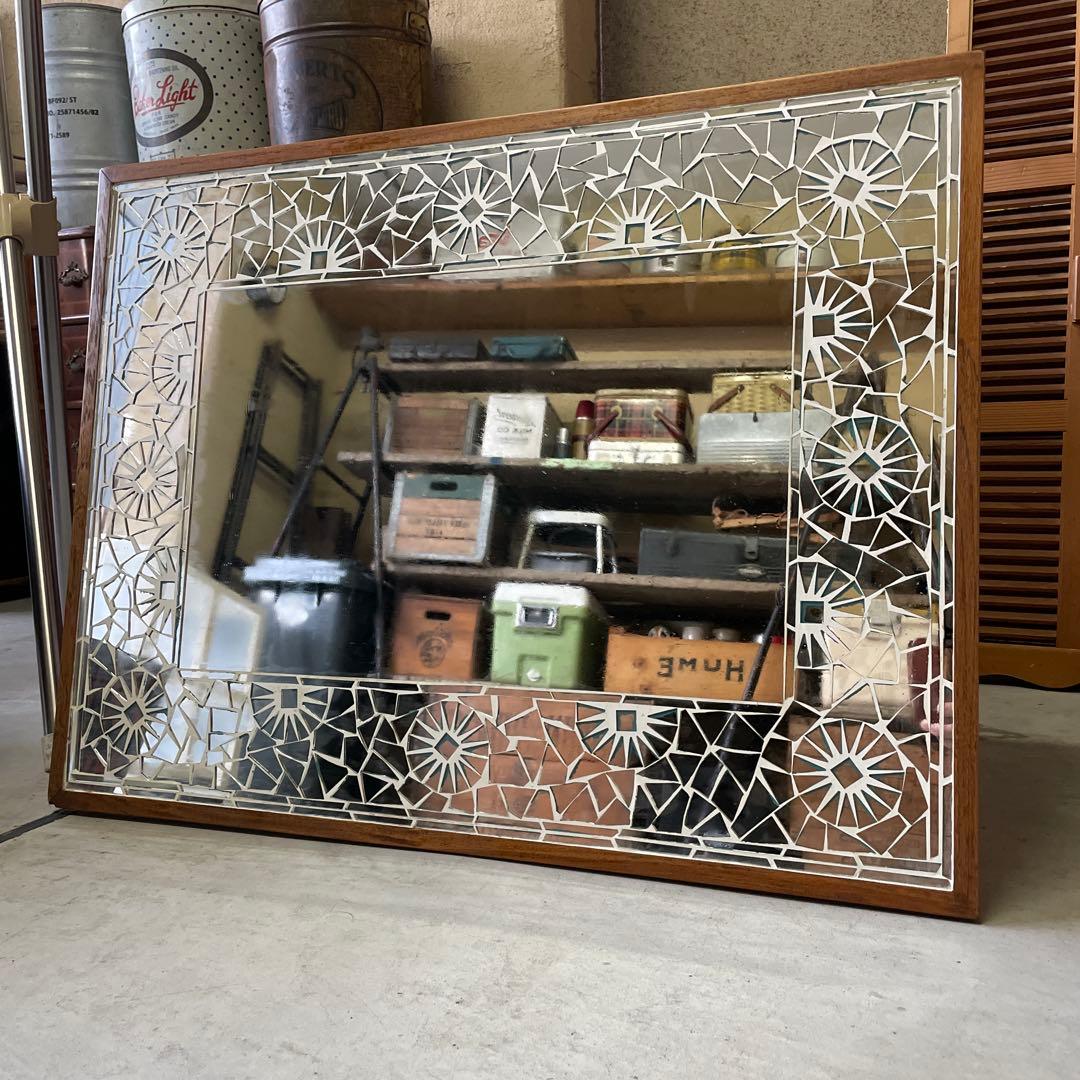 【まるこ⭐︎】デザイン ウッドミラー 壁掛け 鏡 姿見 蚤の市 レトロ