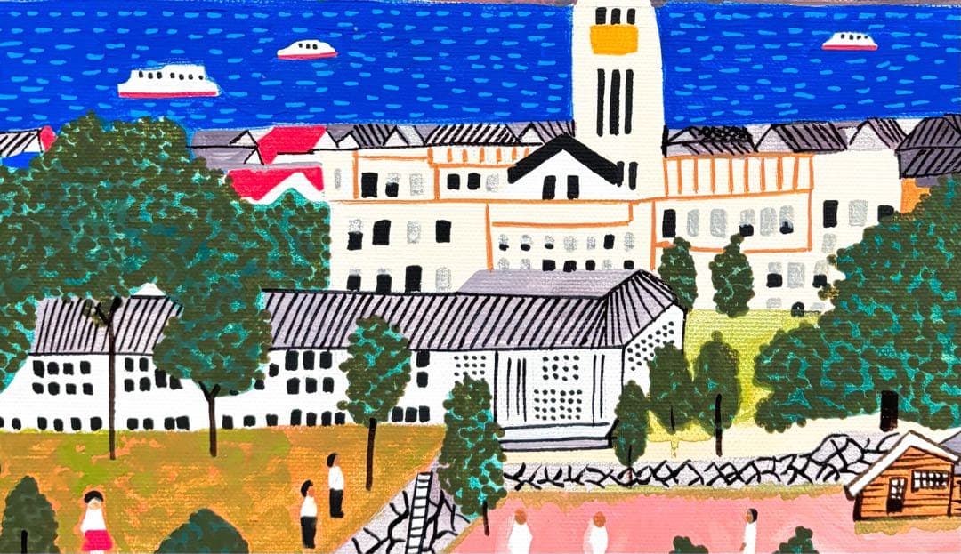 F4号】手描き油彩 山下清【桜島】額縁 未使用額 サイン 落款 絵画 風景