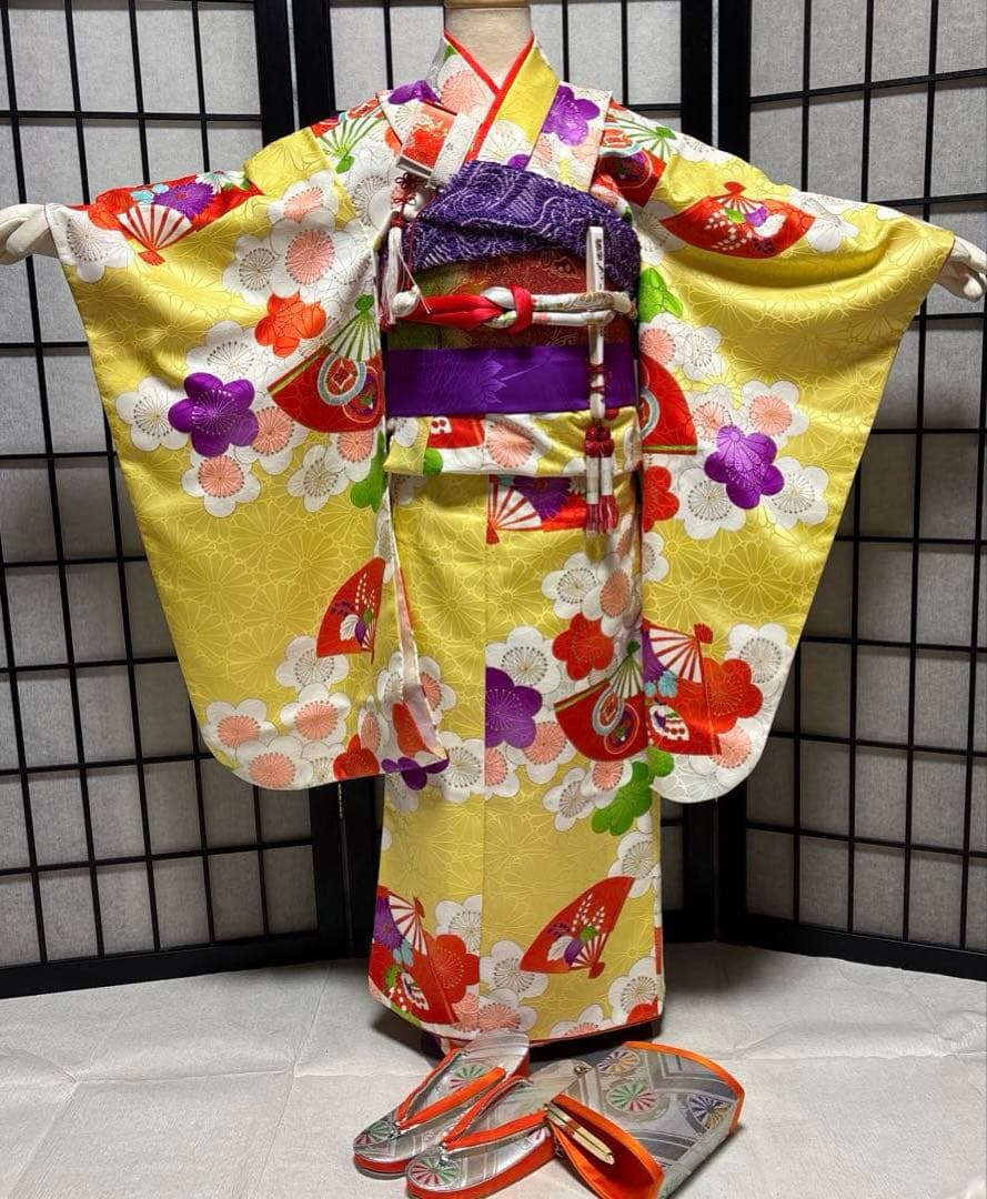 七五三　着物セット　7歳　5歳　レモンイエロー　黄色　キュート　ポップ　個性的