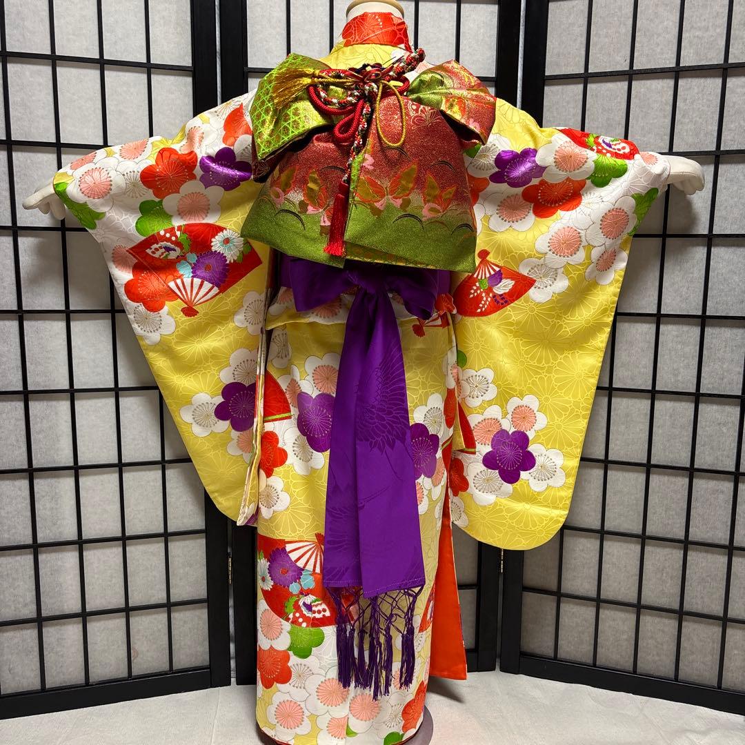 七五三　着物セット　7歳　5歳　レモンイエロー　黄色　キュート　ポップ　個性的