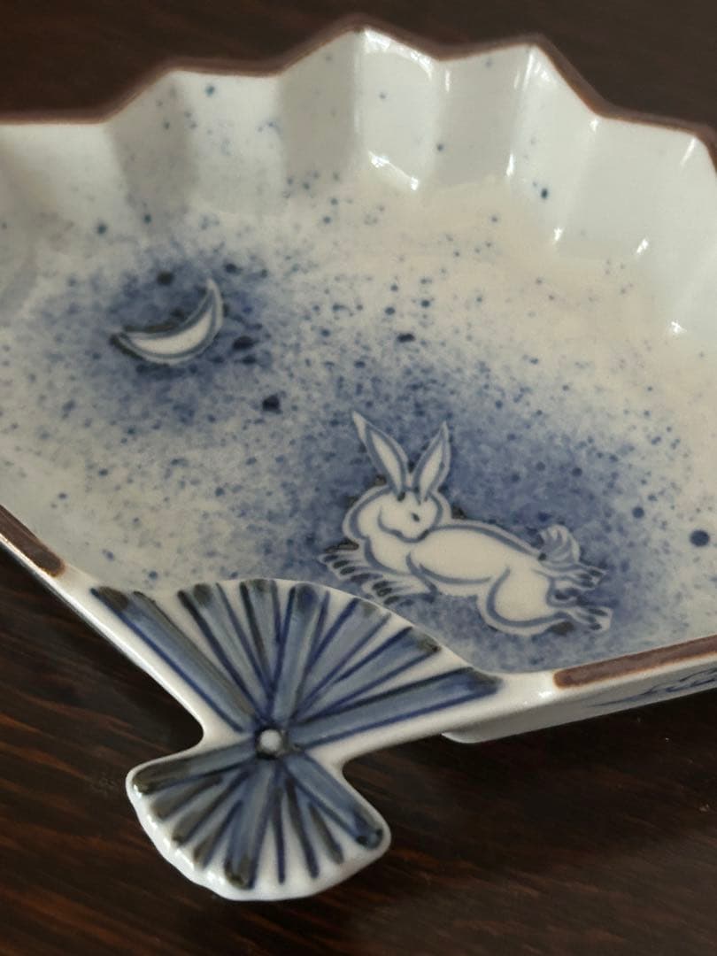 九谷焼　上出長右衛門窯　吹墨兎文 扇型　向付　小鉢　5個　②