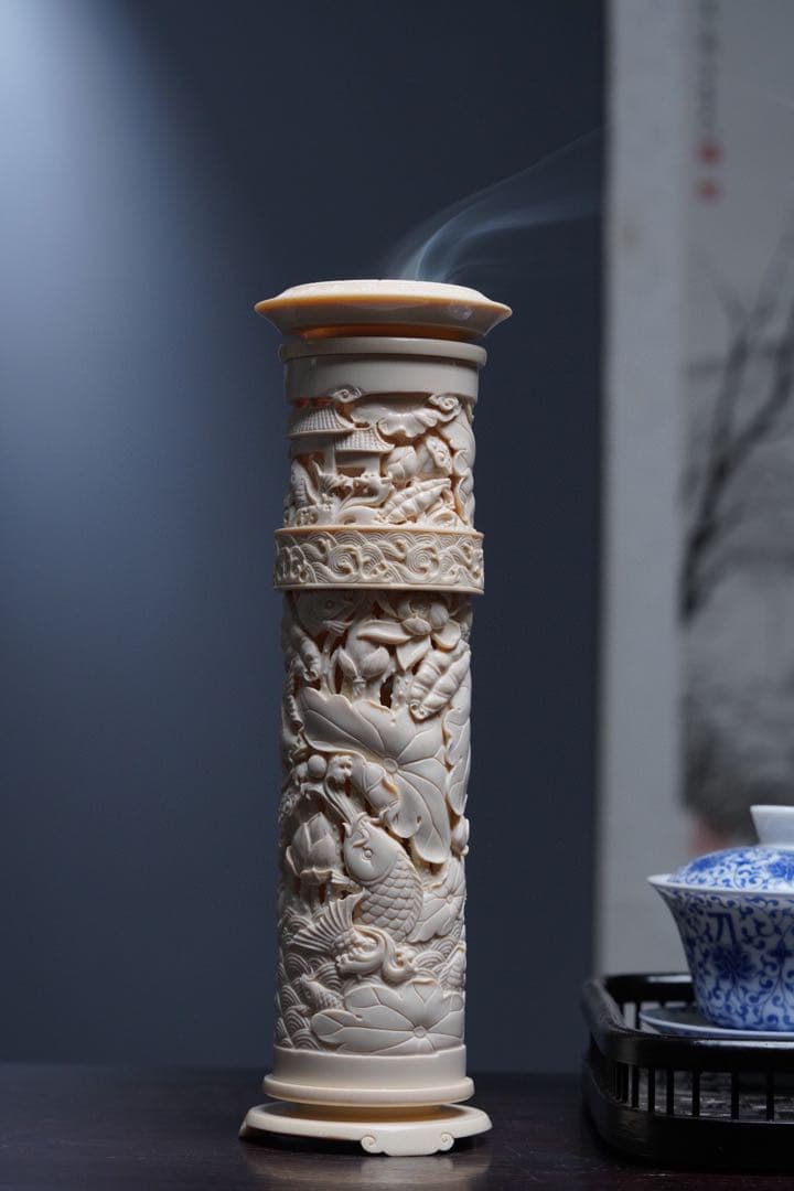 天然マンモス牙美しい手作り彫刻鯉の竜門登り香筒