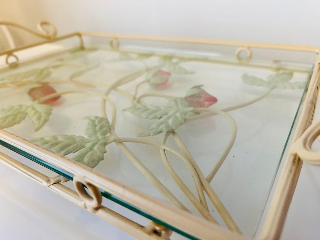 ★美品★イチゴオブジェのアンティークガラストレー