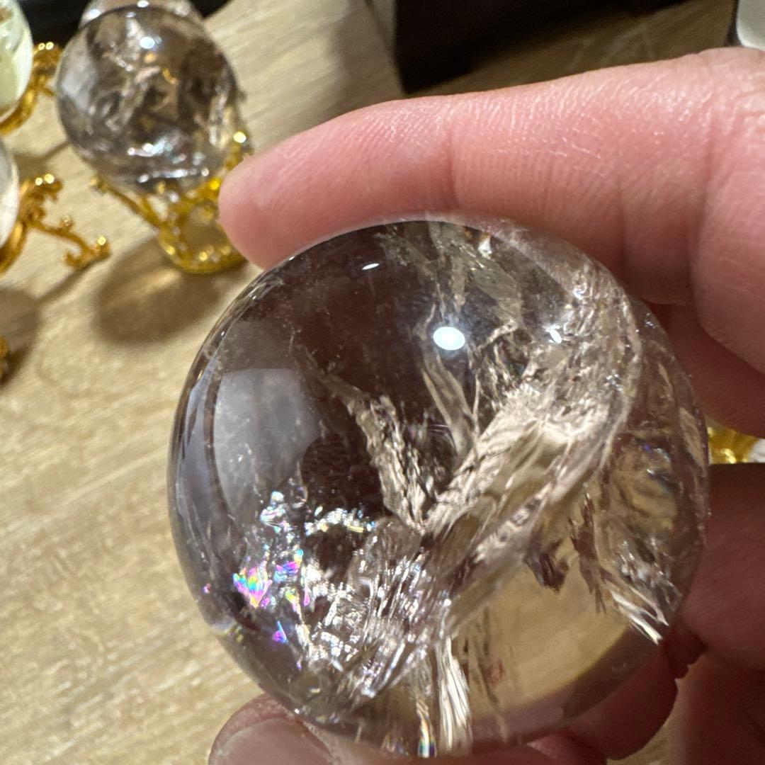 【高品質】スモーキークォーツスフィア　丸玉　透明感、虹あり