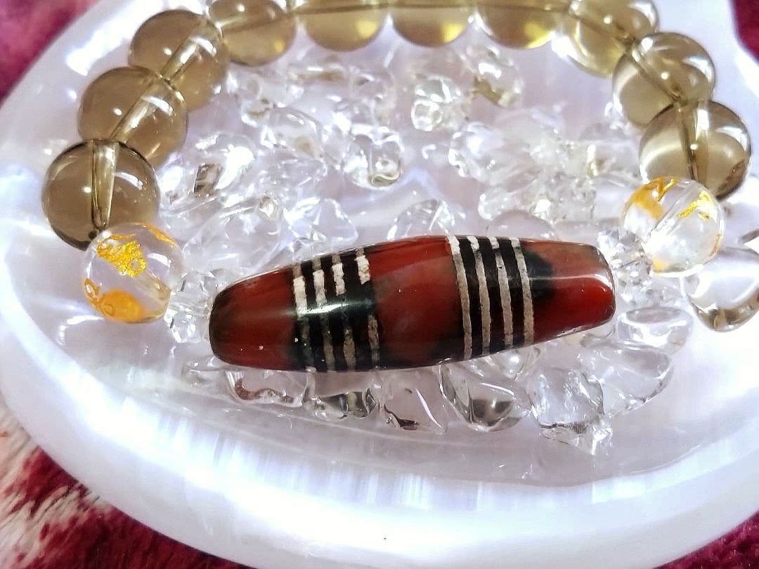 【希少 天珠】三色八線天珠 良質紅玉 ブレス ※サイズ変更OK dzibeads