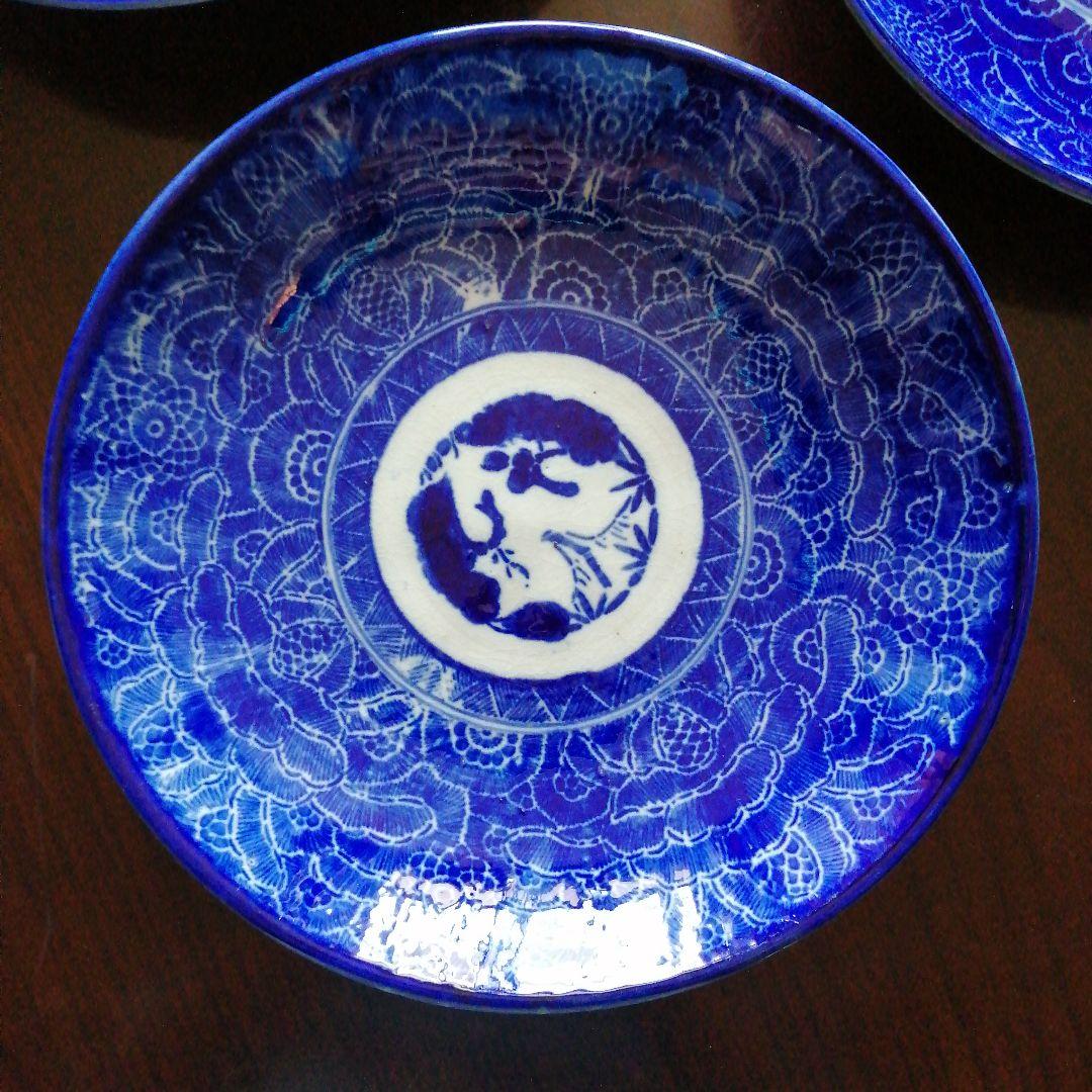 伊万里　紙摺印判染付大皿　4枚　22.2cm　江戸後期～明治初期