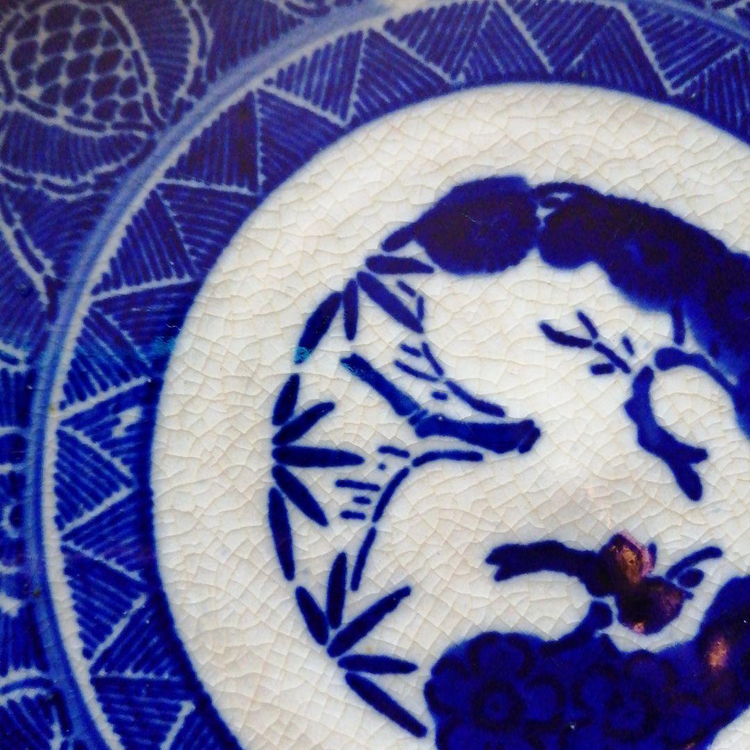 伊万里　紙摺印判染付大皿　4枚　22.2cm　江戸後期～明治初期