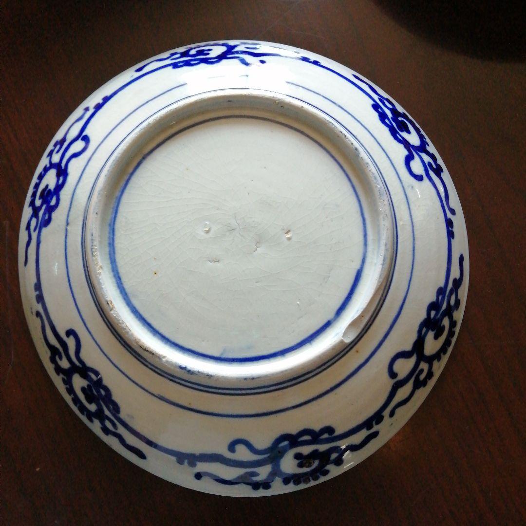 伊万里　紙摺印判染付大皿　4枚　22.2cm　江戸後期～明治初期